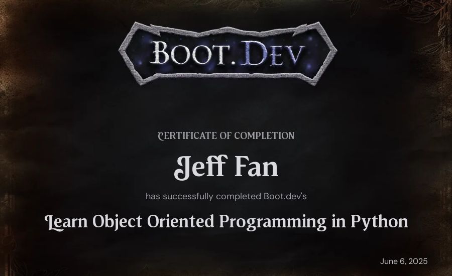 Jeff Fan's Boot.dev Learn Object Oriented Programming in Python certificate
