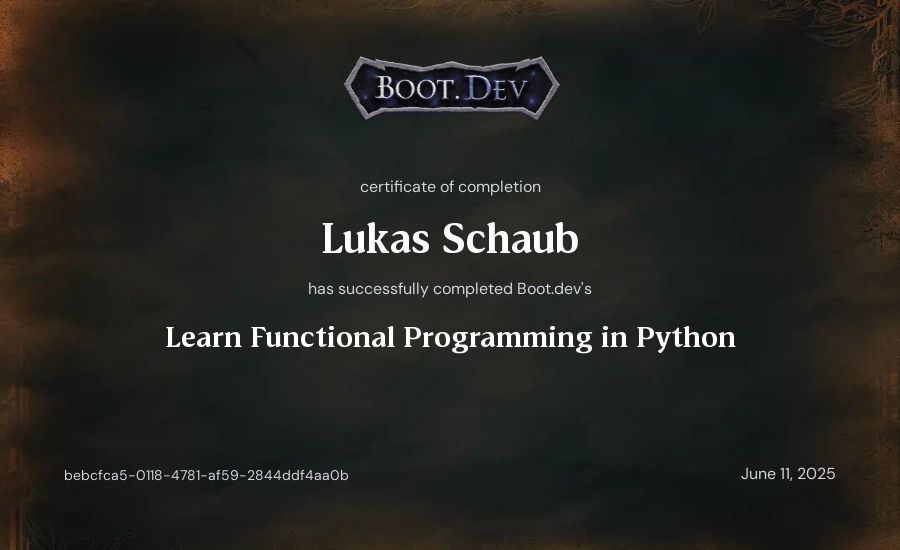 Lukas Schaub's Boot.dev Learn Functional Programming in Python certificate