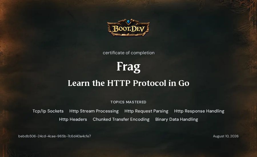 Frag's Boot.dev Learn the HTTP Protocol in Go certificate