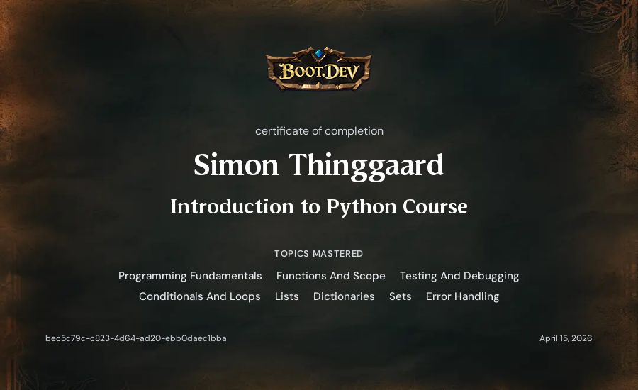 Simon Thinggaard's Boot.dev Introduction to Python Course certificate