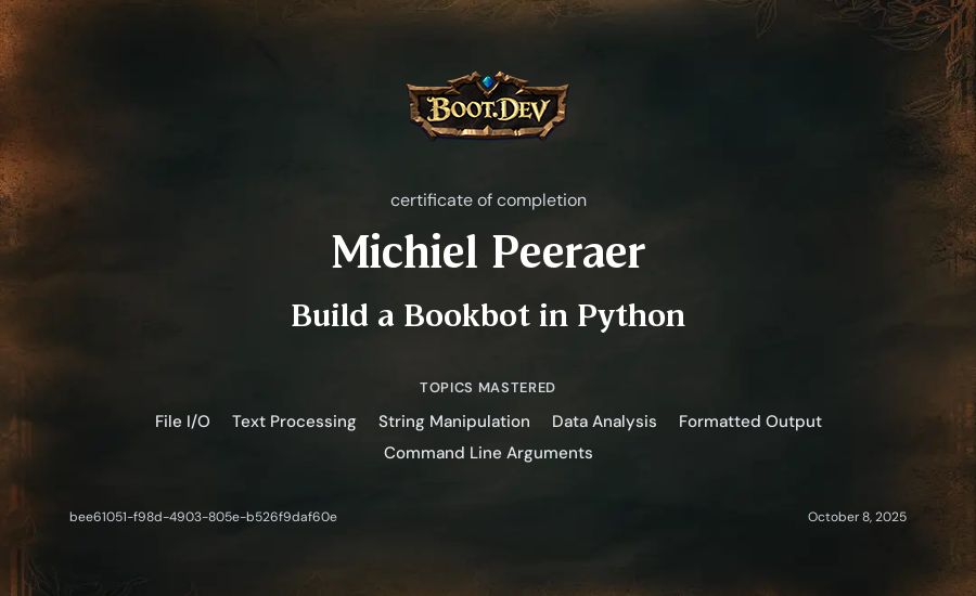 Michiel Peeraer's Boot.dev Build a Bookbot in Python certificate