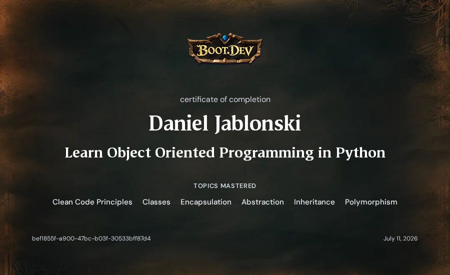 Daniel Jablonski's Boot.dev Learn Object Oriented Programming in Python certificate
