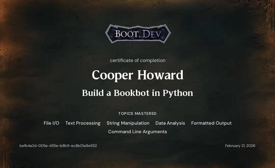 Cooper Howard's Boot.dev Build a BookBot in Python certificate