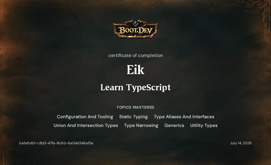 Eik's Boot.dev Learn TypeScript certificate