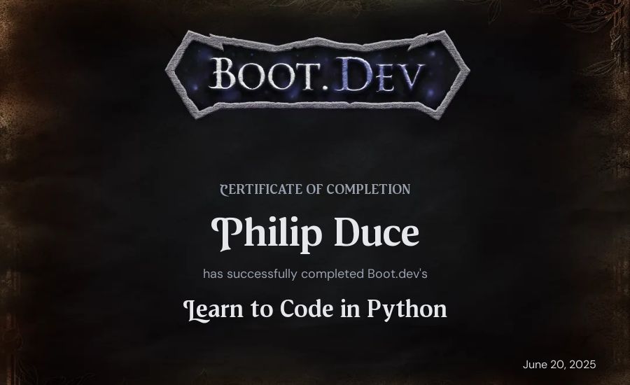 Philip Duce's Boot.dev Introduction to Python Course certificate