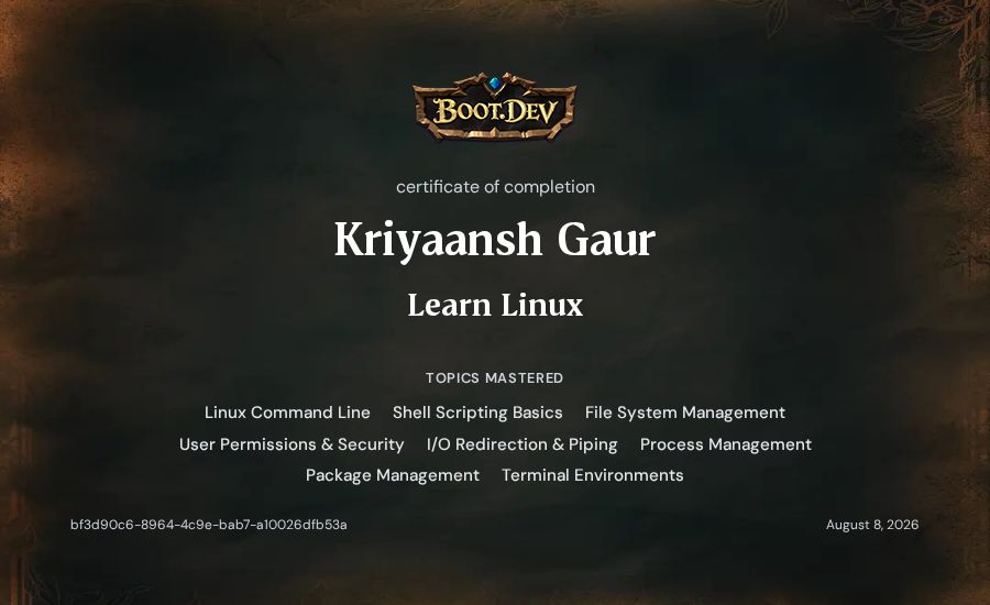 Kriyaansh Gaur's Boot.dev Learn Linux certificate