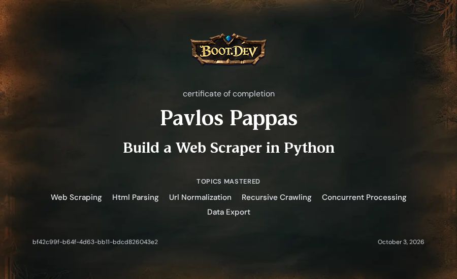 Pavlos Pappas's Boot.dev Build a Web Scraper in Python certificate