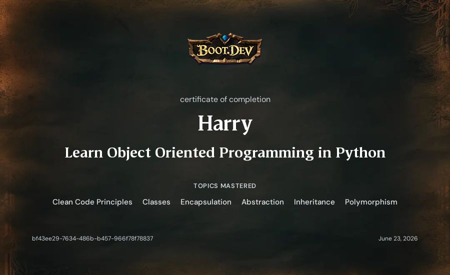 Harry's Boot.dev Learn Object Oriented Programming in Python certificate