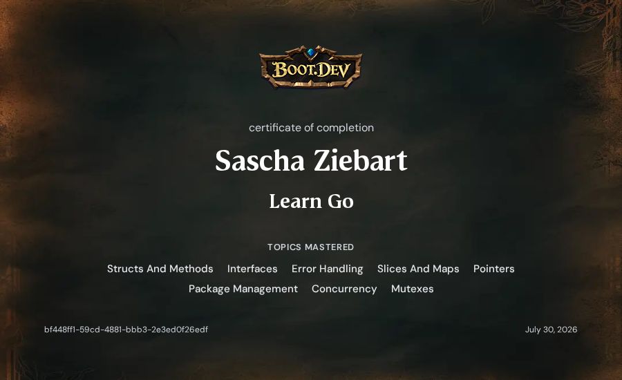 Sascha Ziebart's Boot.dev Learn Go certificate