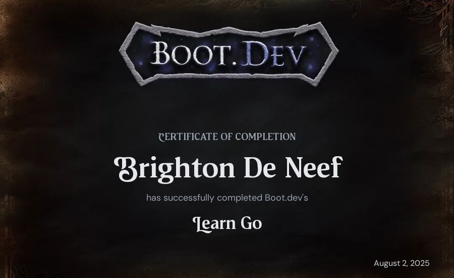 Brighton De Neef's Boot.dev Learn Go certificate