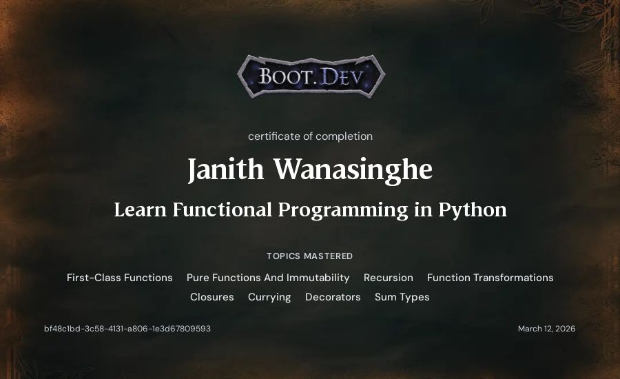 Janith Wanasinghe's Boot.dev Learn Functional Programming in Python certificate
