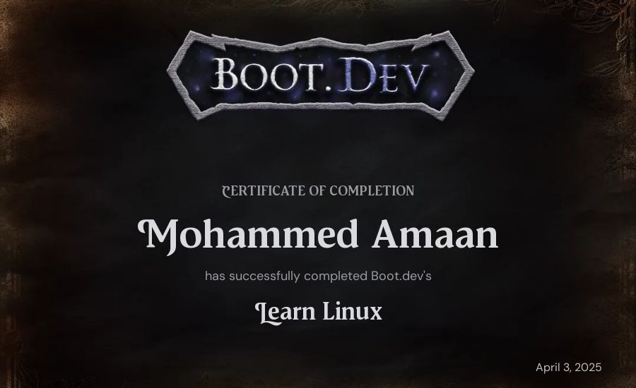 Mohammed Amaan's Boot.dev Learn Linux certificate