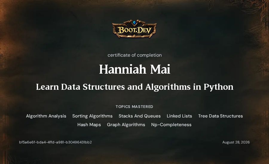 Hanniah Mai's Boot.dev Learn Data Structures and Algorithms in Python certificate