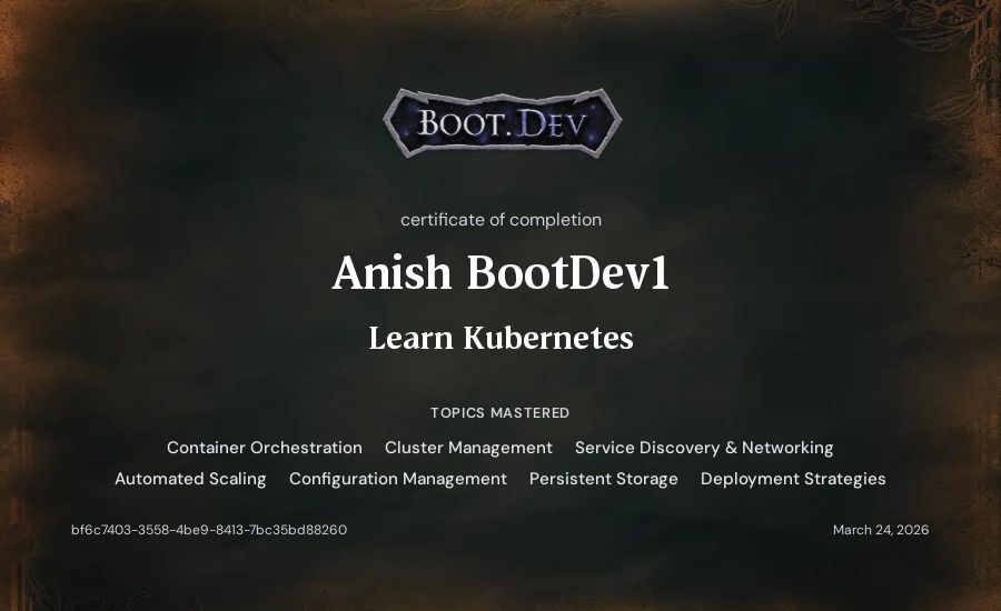 Anish BootDev1's Boot.dev Learn Kubernetes certificate