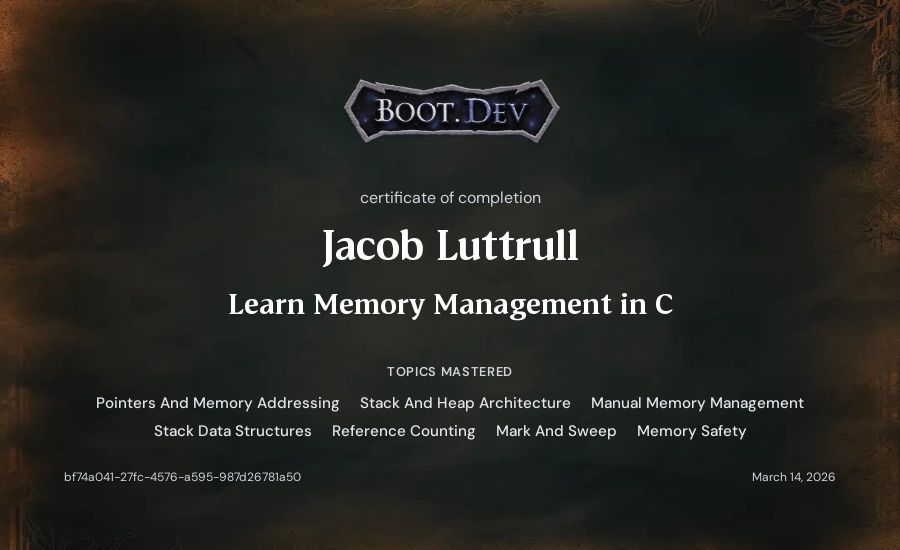 Jacob Luttrull's Boot.dev Learn Memory Management in C certificate