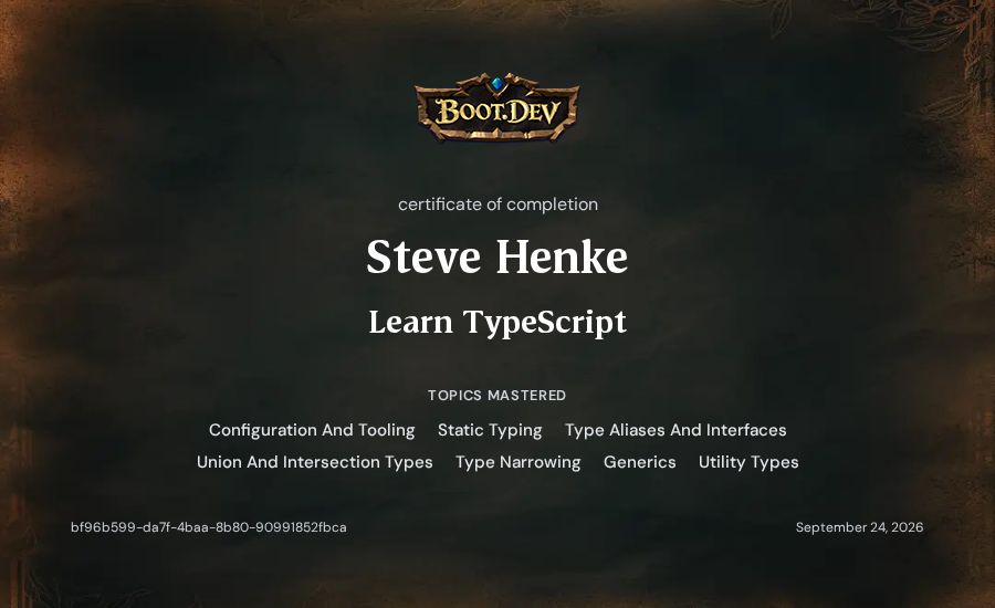 Steve Henke's Boot.dev Learn TypeScript certificate