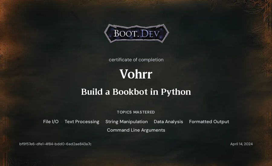 Vohrr's Boot.dev Build a BookBot in Python certificate
