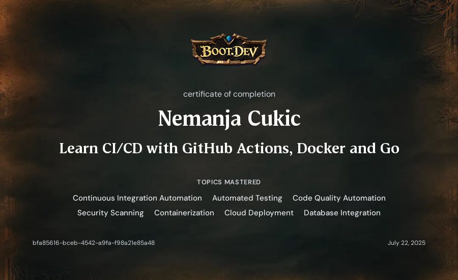 Nemanja Cukic's Boot.dev Learn CI/CD with GitHub Actions, Docker and Go certificate