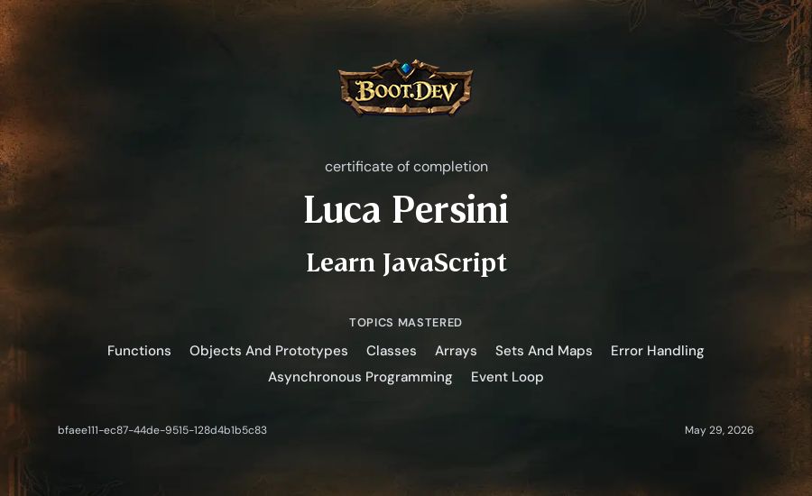 Luca Persini's Boot.dev Learn JavaScript certificate