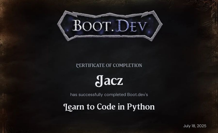 Jacz's Boot.dev Introduction to Python Course certificate