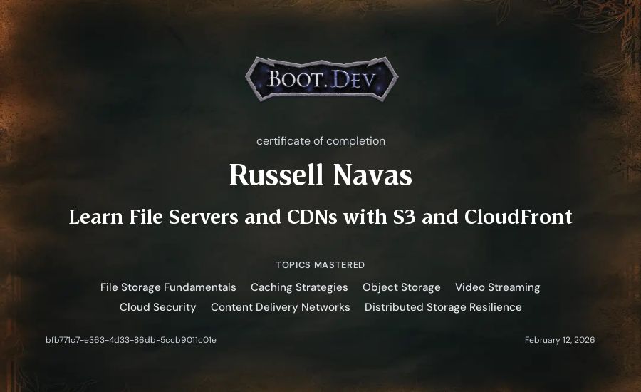 Russell Navas's Boot.dev Learn File Servers and CDNs with S3 and CloudFront certificate