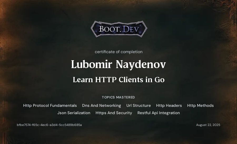 Lubomir Naydenov's Boot.dev Learn HTTP Clients in Go certificate