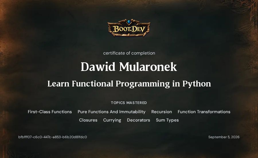 Dawid Mularonek's Boot.dev Learn Functional Programming in Python certificate