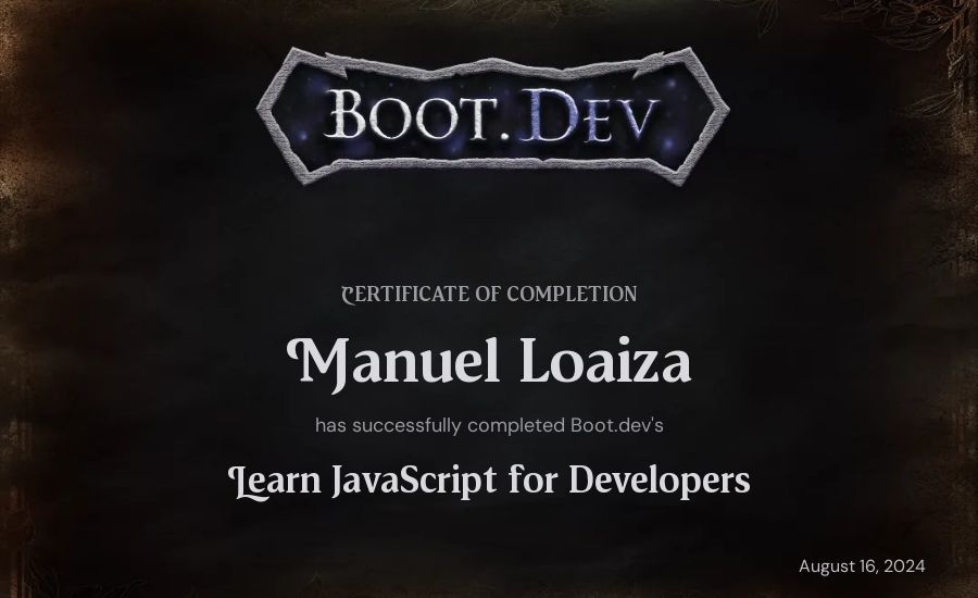 Manuel Loaiza's Boot.dev Learn JavaScript certificate