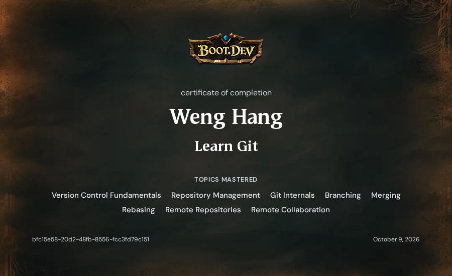 Weng Hang's Boot.dev Learn Git certificate