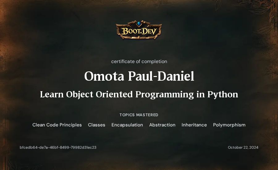 Omota Paul-Daniel's Boot.dev Learn Object Oriented Programming in Python certificate