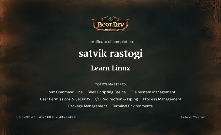 satvik rastogi's Boot.dev Learn Linux certificate