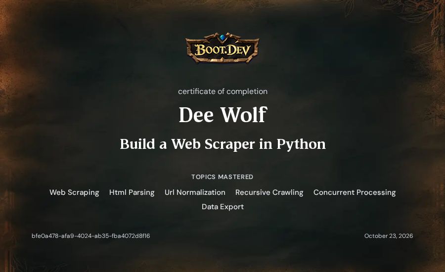 Dee Wolf's Boot.dev Build a Web Scraper in Python certificate