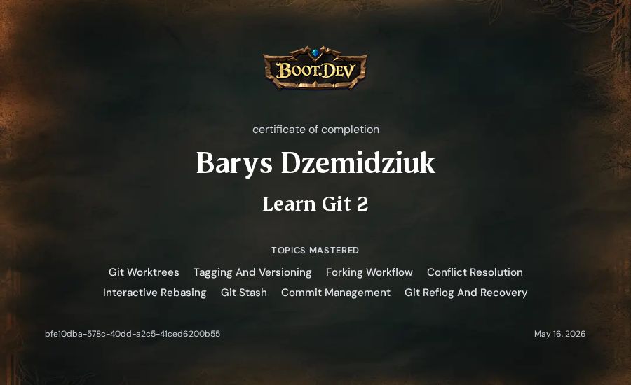 Barys Dzemidziuk's Boot.dev Learn Git 2 certificate