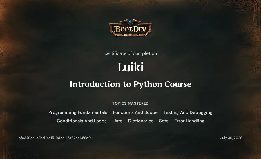 Luiki's Boot.dev Introduction to Python Course certificate