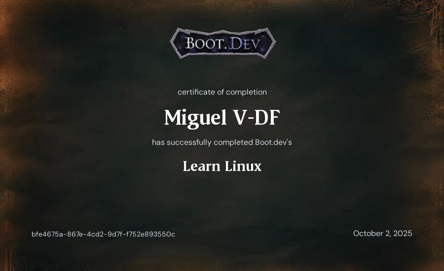 Miguel Vitta's Boot.dev Learn Linux certificate