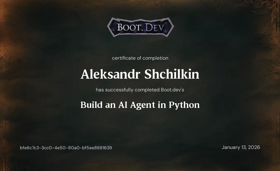 Aleksandr Shchilkin's Boot.dev Build an AI Agent in Python certificate