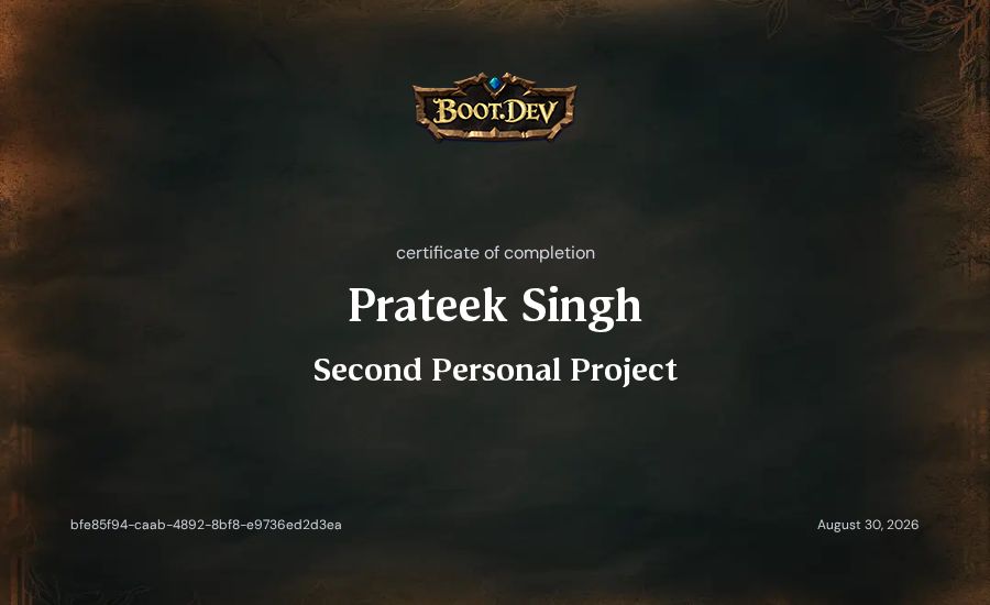 Prateek Singh's Boot.dev Second Personal Project certificate