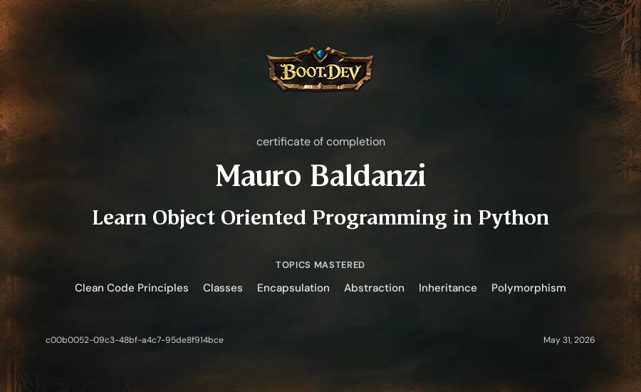 Mauro Baldanzi's Boot.dev Learn Object Oriented Programming in Python certificate