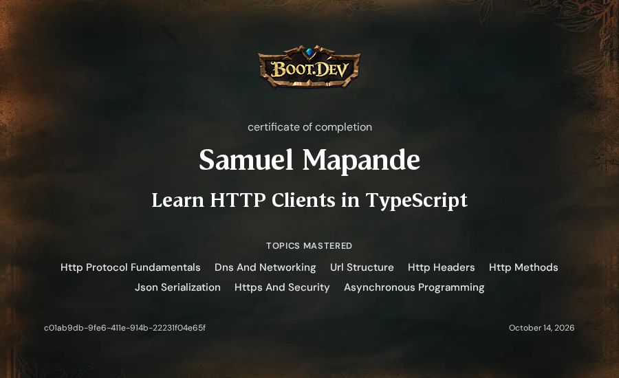 Samuel Mapande's Boot.dev Learn HTTP Clients in TypeScript certificate