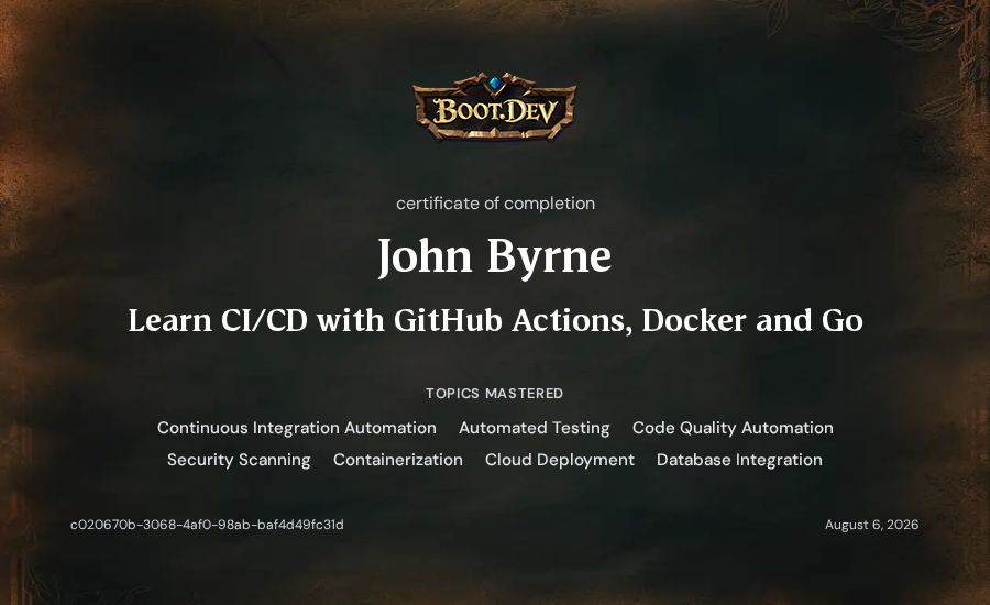 John Byrne's Boot.dev Learn CI/CD with GitHub Actions, Docker and Go certificate