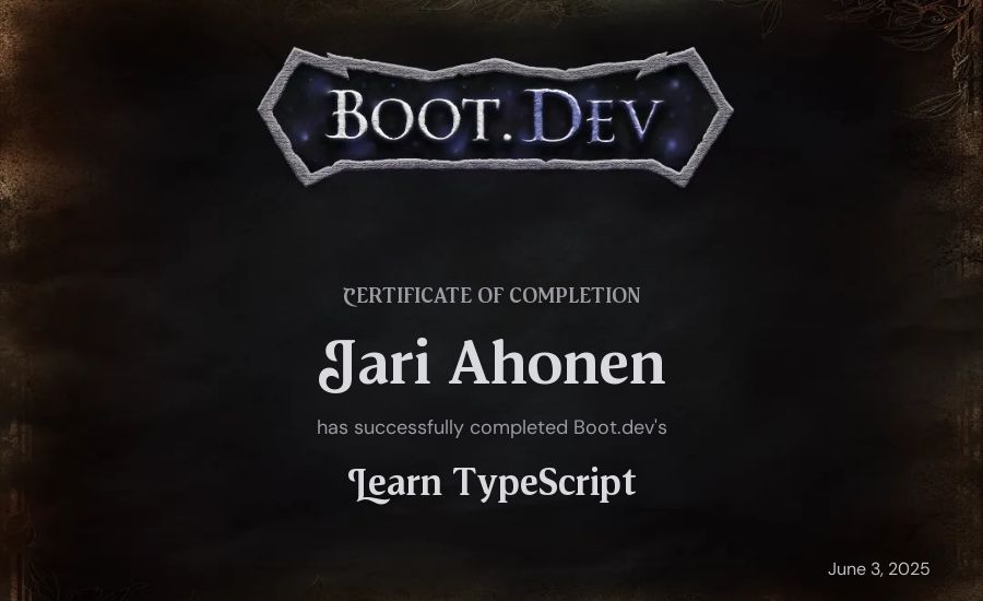 Jari Ahonen's Boot.dev Learn TypeScript certificate