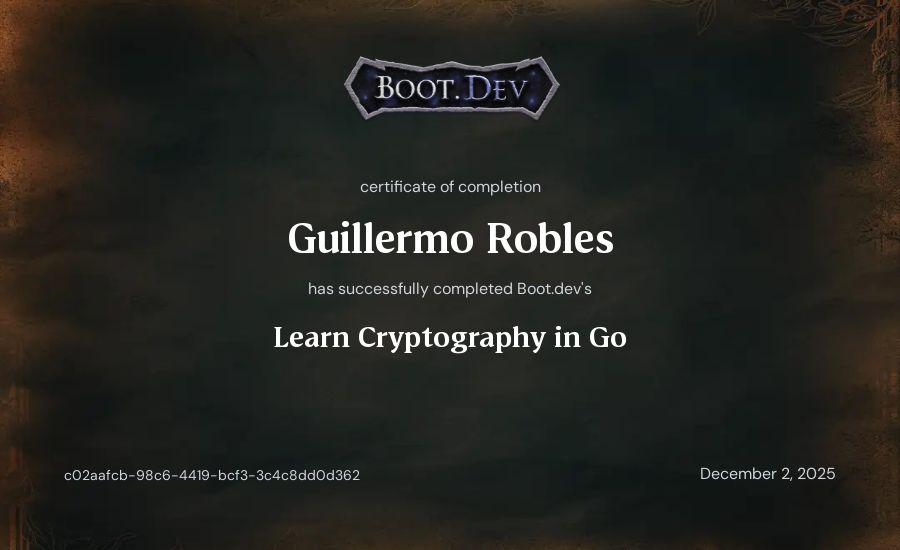 Guillermo Robles's Boot.dev Learn Cryptography in Go certificate