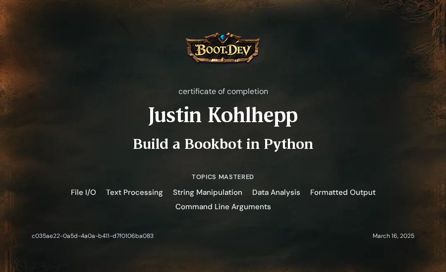Justin Kohlhepp's Boot.dev Build a BookBot in Python certificate