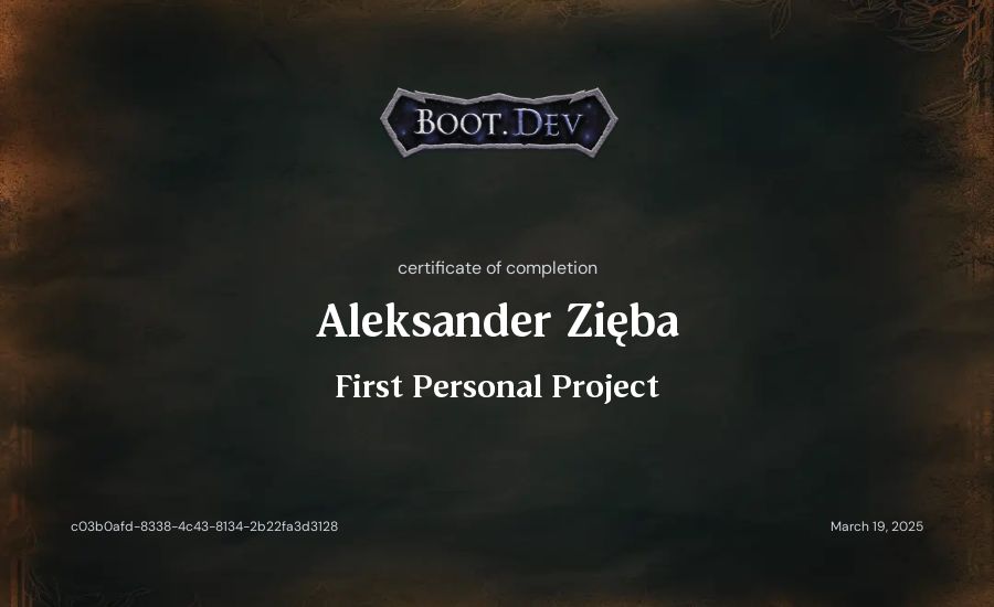 Aleksander Zięba's Boot.dev First Personal Project certificate