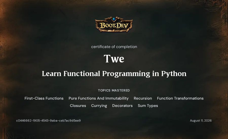 Twe's Boot.dev Learn Functional Programming in Python certificate