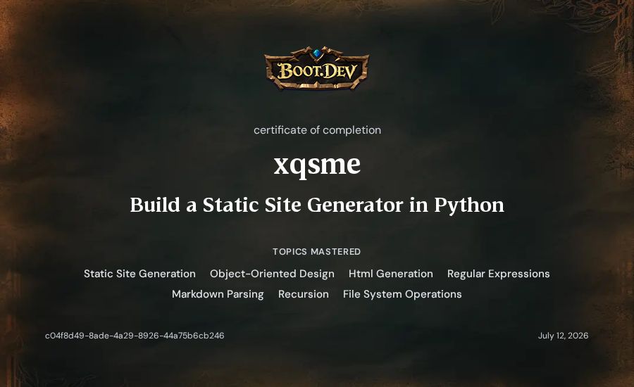 xqsme's Boot.dev Build a Static Site Generator in Python certificate