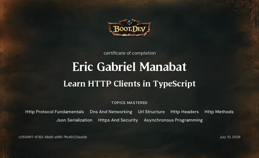 Eric Gabriel Manabat's Boot.dev Learn HTTP Clients in TypeScript certificate