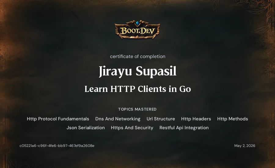 Jirayu Supasil's Boot.dev Learn HTTP Clients in Go certificate