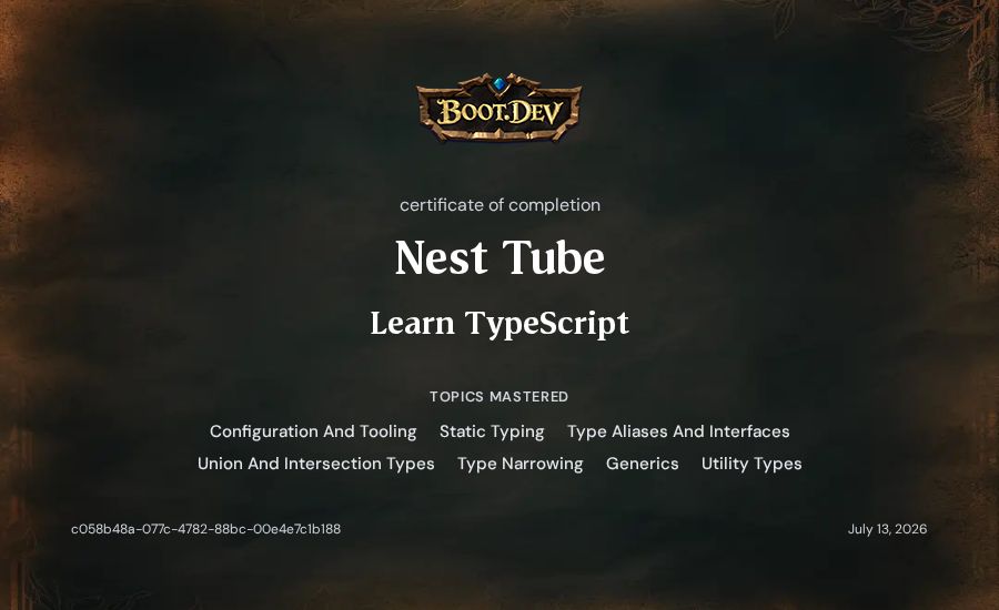 Nest Tube's Boot.dev Learn TypeScript certificate