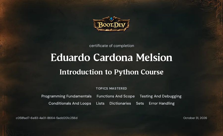 Eduardo Cardona Melsion's Boot.dev Introduction to Python Course certificate
